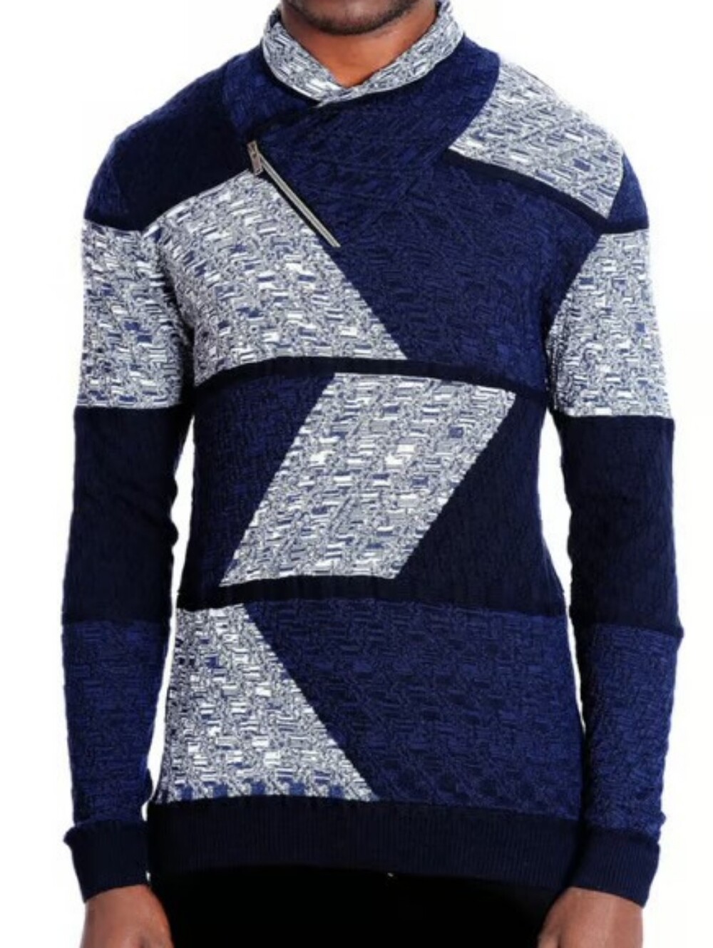 Men's Patchwork Turtleneck Sweater in Navy and Light Gray
